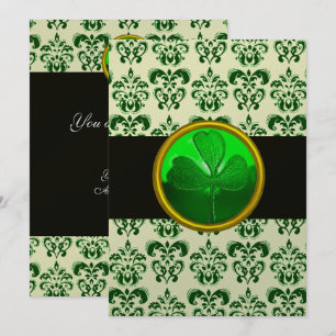 Invitación BLANCO VERDE DAMASK CON PLACA NEGRO-Negro
