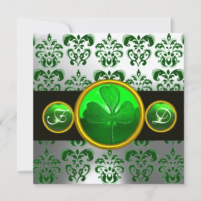 Invitación BLANCO VERDE DAMASK, MONOGRAMA DE SHAMROCK, negro (Anverso)
