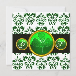Invitación BLANCO VERDE DAMASK, SHAMROCK MONOGRAM St Patrick