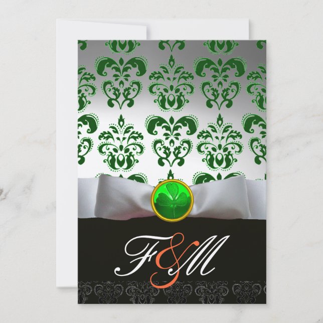 Invitación BLANCO VERDE DAMASK Y SHAMROCK MONOGRAM GOLD Naran (Anverso)