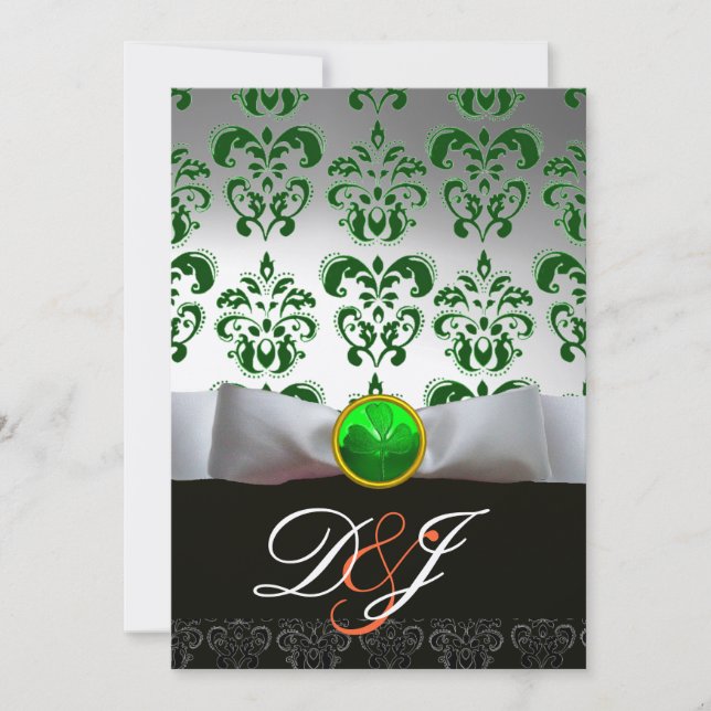 Invitación BLANCO VERDE DAMASK Y SHAMROCK MONOGRAM GOLD Naran (Anverso)
