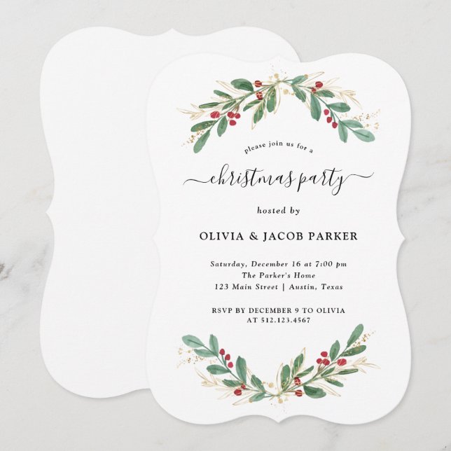 Invitación Blanco verde dorado | Navidades o fiesta de vacaci (Anverso / Reverso)