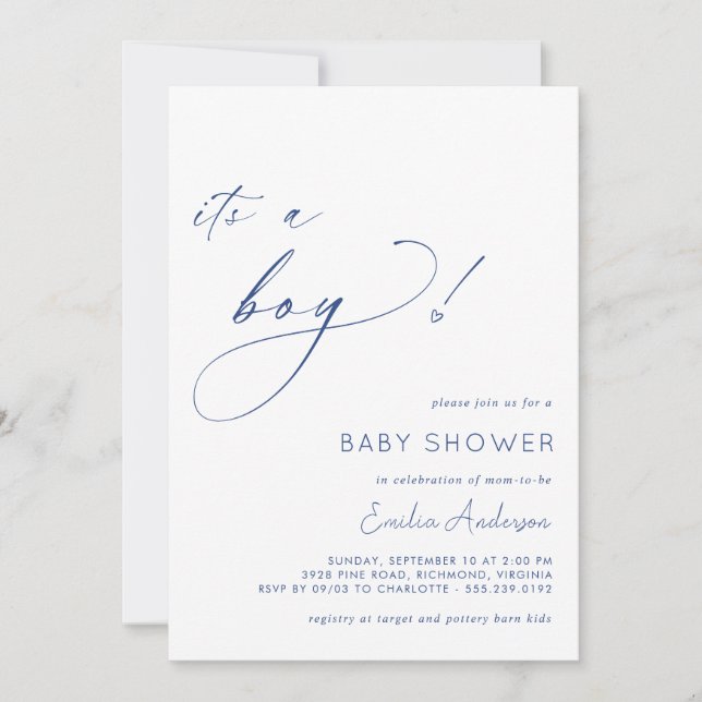 Invitación Blanco y azul marino Simple es un niño Baby Shower (Anverso)