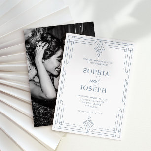 Invitación Blanco y Azul Polvo Atemporal Foto de Boda Atemp