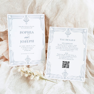 Invitación Blanco y Azul Polvo   Código QR Todo en Uno Boda