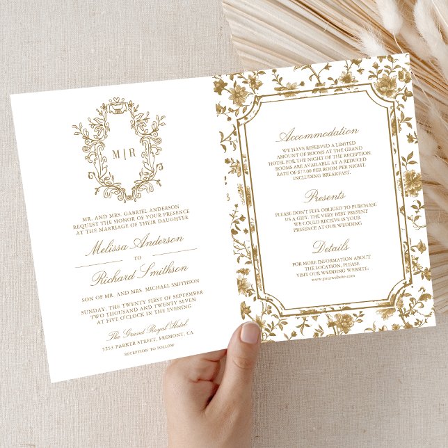 Invitación Blanco y dorado código QR con cresta de chinoiseri (Subido por el creador)