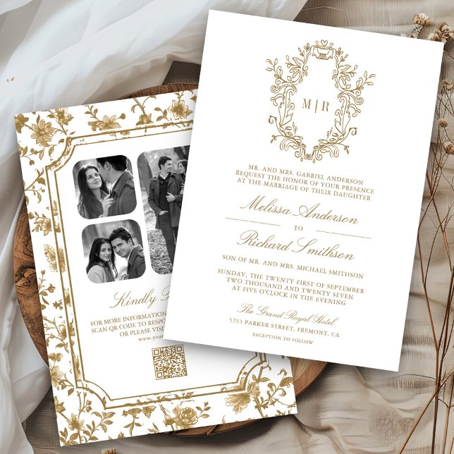 Invitación Blanco y dorado código QR con cresta de chinoiseri (Subido por el creador)