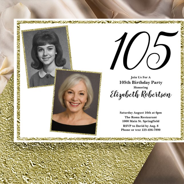 Invitación Blanco y dorado de foto personalizada 105º (Subido por el creador)