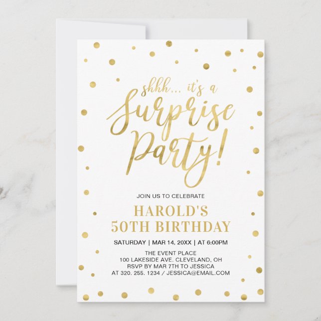 Invitación Blanco y dorado | Fiesta de cumpleaños sorpresa pa (Anverso)
