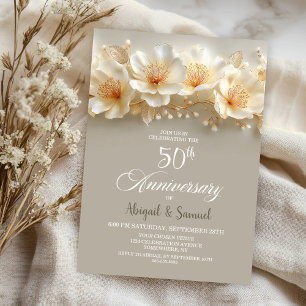 Invitación Blanco y Dorado Floral 50 Aniversario de Boda