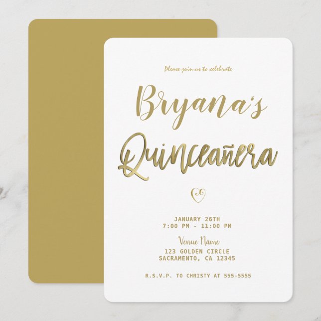 Invitación Blanco y dorado moderno minimal chic 15 Quinceañer (Anverso / Reverso)