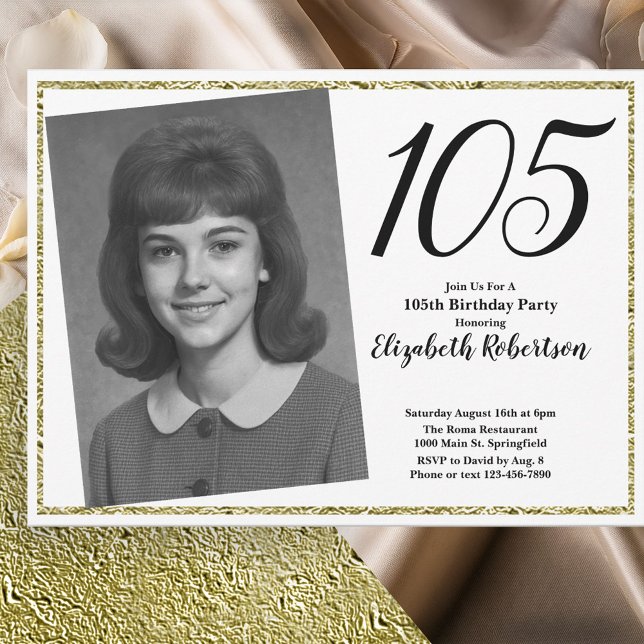 Invitación Blanco y dorado personalizado para cumpleaños 105 (Subido por el creador)