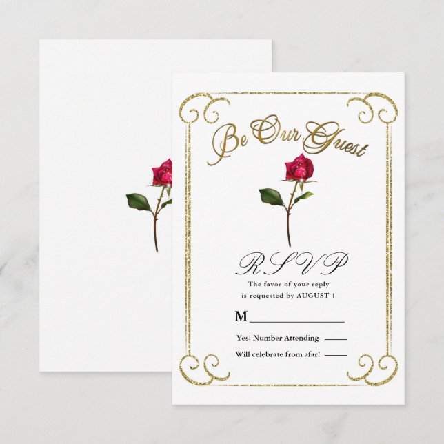 Invitación Blanco y Dorado Rosa Roja Belleza Boda RSVP Respue (Anverso / Reverso)