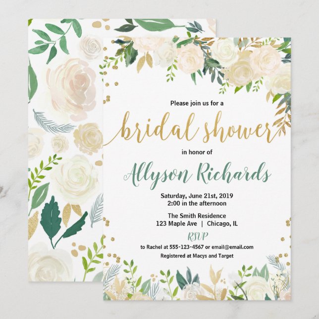 Invitación Blanco y ducha nupcial floral del boda de los (Anverso / Reverso)