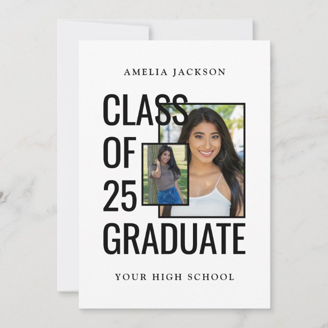 Invitación Blanco Y Negro 2 Fotos Clase De 25 Grad Open House (Anverso)