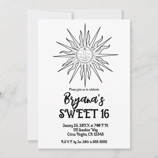 Invitación Blanco y Negro Caprichoso Sol Celestial Dulces 16  (Anverso)