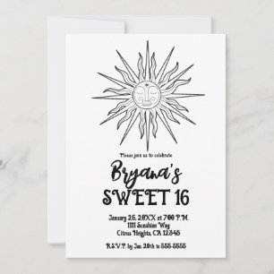 Invitación Blanco y Negro Caprichoso Sol Celestial Dulces 16 