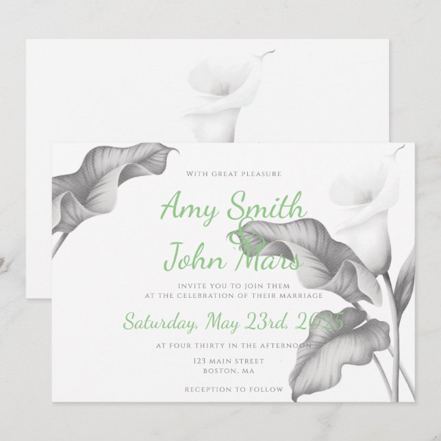 Invitación Blanco y negro de Calla Lilly (Anverso / Reverso)