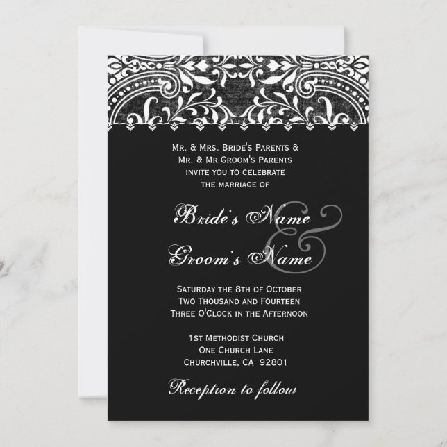 Invitación blanco y negro de la boda del damasco (Anverso)