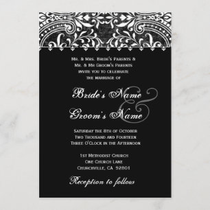 Invitación blanco y negro de la boda del damasco