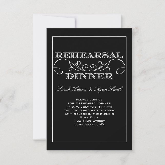 Invitación blanco y negro de la cena del ensayo (Anverso)