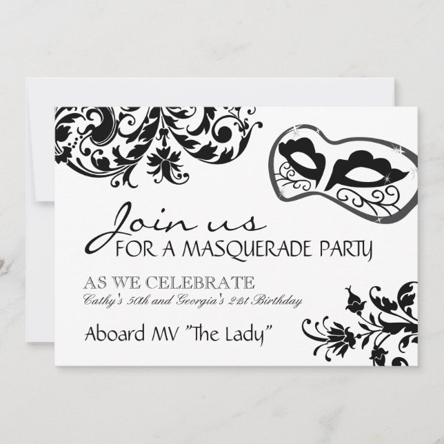 Invitación blanco y negro de la mascarada (Anverso)
