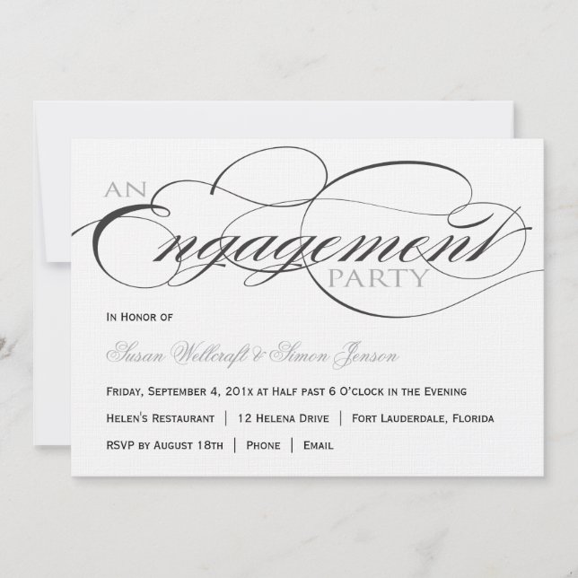 Invitación blanco y negro del fiesta de compromiso (Anverso)