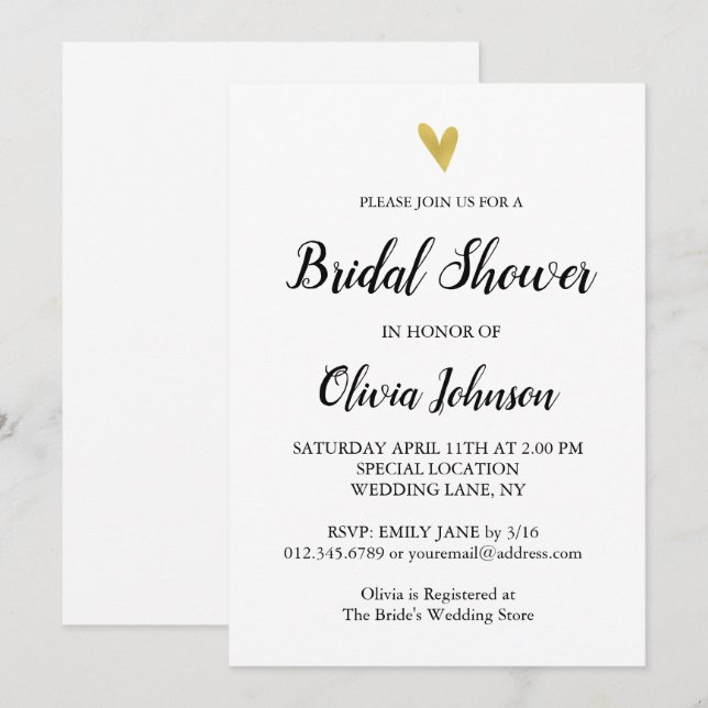Invitación Blanco y negro | Ducha nupcial Gold Heart (Anverso / Reverso)
