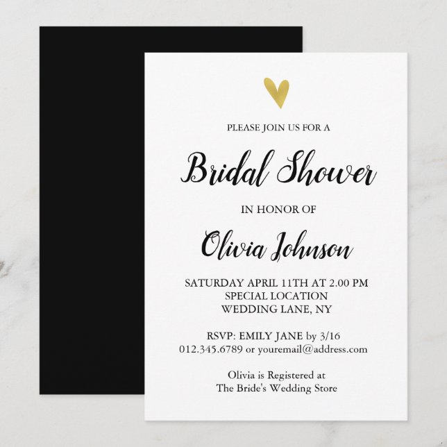 Invitación Blanco y negro | Ducha nupcial Gold Heart (Anverso / Reverso)