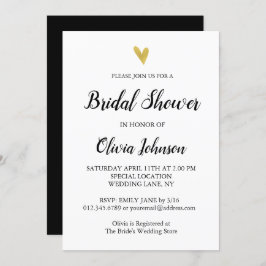 Invitación Blanco y negro | Ducha nupcial Gold Heart