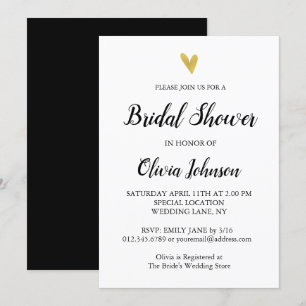 Invitación Blanco y negro   Ducha nupcial Gold Heart