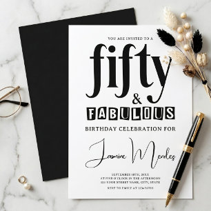 Invitación Blanco Y Negro Elegante Cumpleaños 50 & Fabuloso