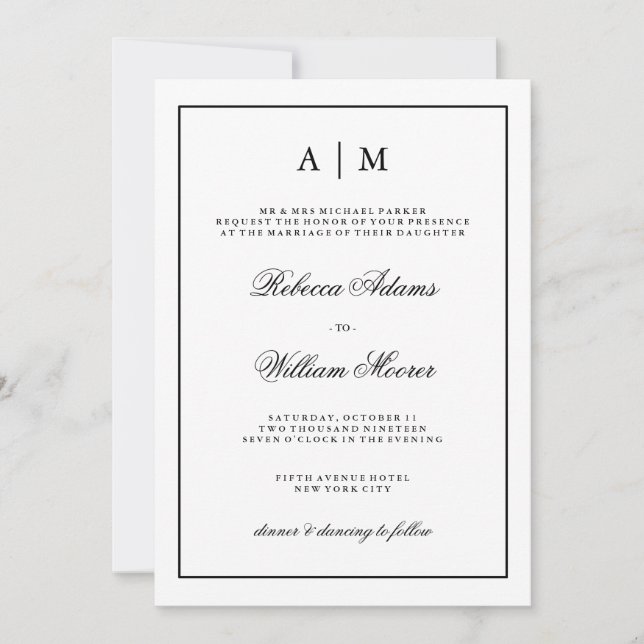 Invitación blanco y negro elegante de la boda (Anverso)