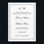 Invitación blanco y negro elegante de la boda<br><div class="desc">Esta invitación elegante,  elegante del boda ofrece un fondo blanco con un marco y un texto negros. Usted puede personalizar el top con sus iniciales.</div>