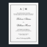 Invitación blanco y negro elegante de la boda<br><div class="desc">Esta invitación elegante,  elegante del boda ofrece un fondo blanco con un marco y un texto negros. Usted puede personalizar el top con sus iniciales.</div>