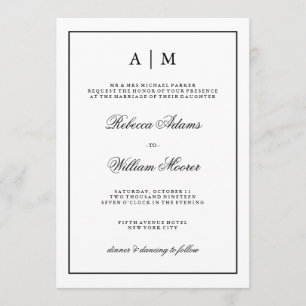Invitación blanco y negro elegante de la boda