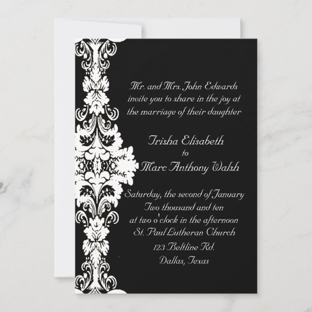 Invitación blanco y negro elegante de la boda (Anverso)