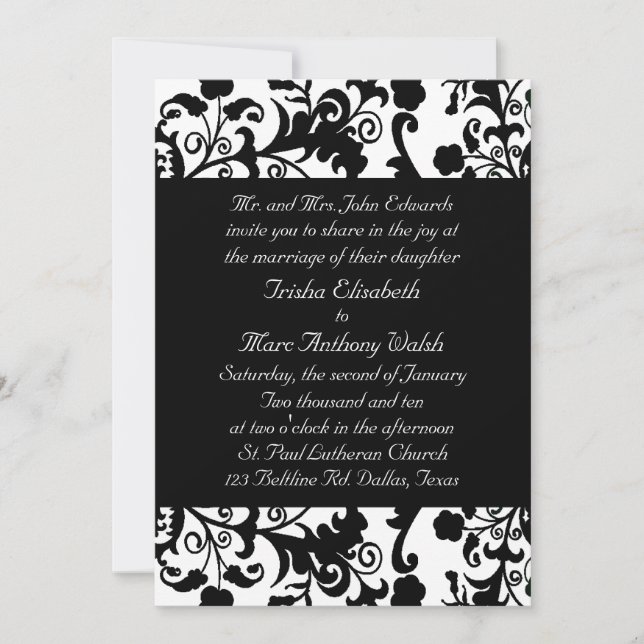 Invitación blanco y negro elegante de la boda (Anverso)