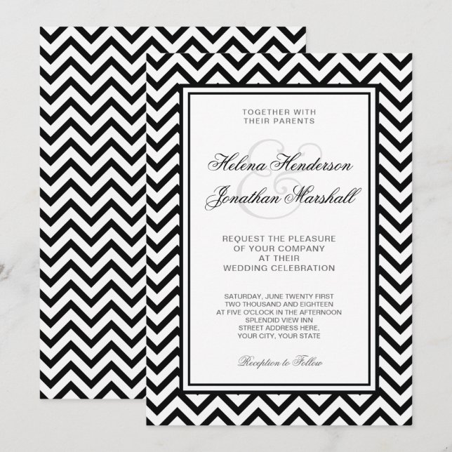 Invitación blanco y negro elegante de la boda de (Anverso / Reverso)