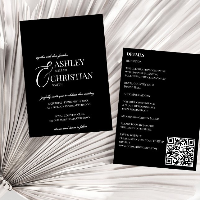 Invitación Blanco y negro elegante simple todo en un boda (Black and white elegant simple minimalist all in one wedding invitation template instant download)