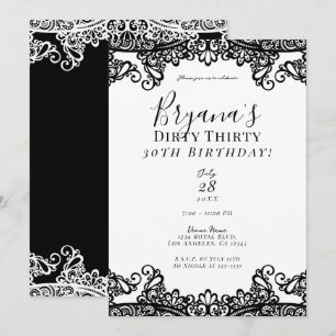 Invitación Blanco y negro encaje Chic sucio 30 cumpleaños 30º