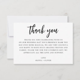 Invitación Blanco y negro gracias. Nota de boda moderna