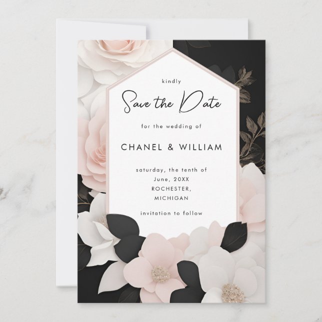 Invitación Blanco y negro inspirados en Chanel salvan la fech (Anverso)