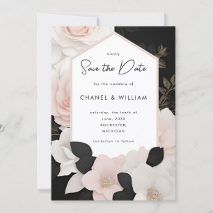 Invitación Blanco y negro inspirados en Chanel salvan la fech