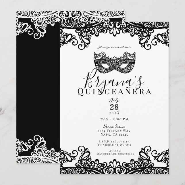 Invitación Blanco y Negro Lace Masquerade 15to Quinceañera (Anverso / Reverso)