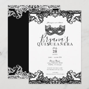 Invitación Blanco y Negro Lace Masquerade 15to Quinceañera