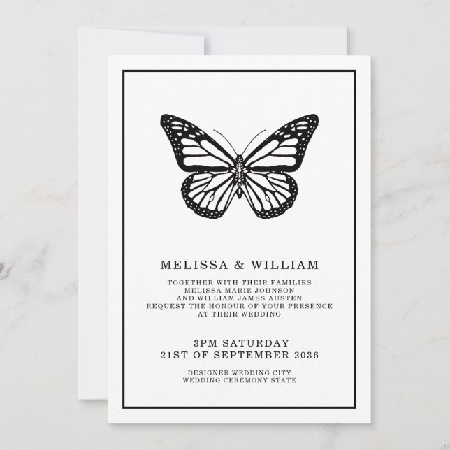 Invitación Blanco y negro | Mariposa | BODA (Anverso)