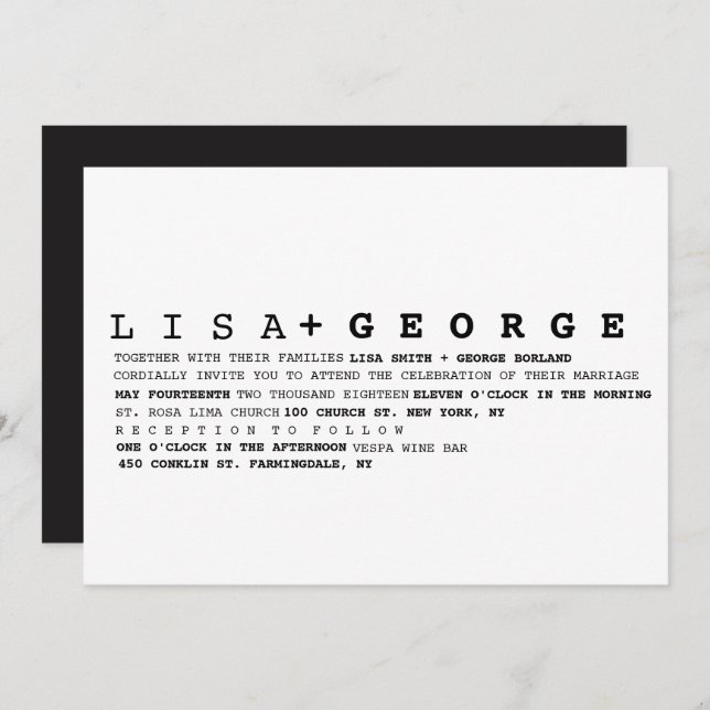 Invitación blanco y negro minimalista de la boda (Anverso / Reverso)