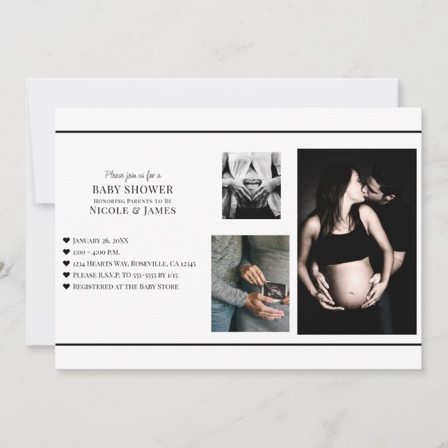 Invitación Blanco y negro mínimo Añadir tus fotos a Baby Show (Anverso)