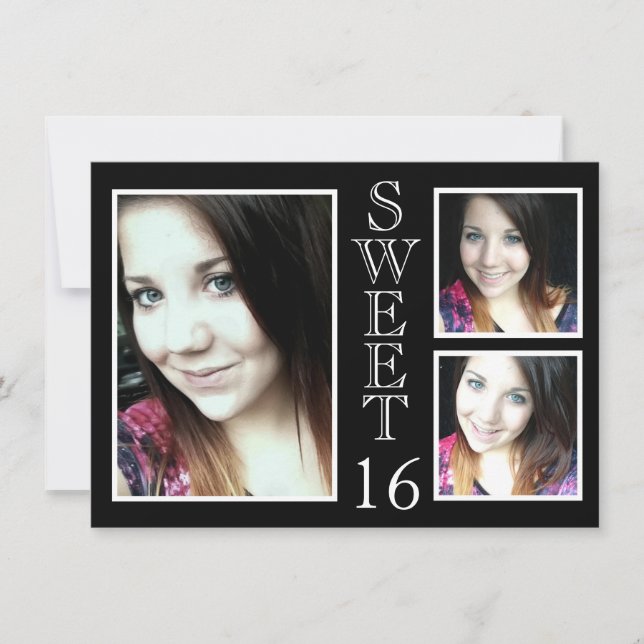 Invitación Blanco y negro moderno 3 Foto dulce 16 (Anverso)